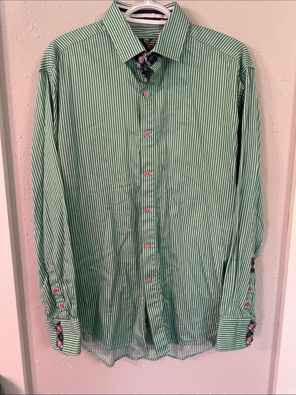 Men's Robert Graham Green and White Pinstripe Dress Shirt with Contrast Trim